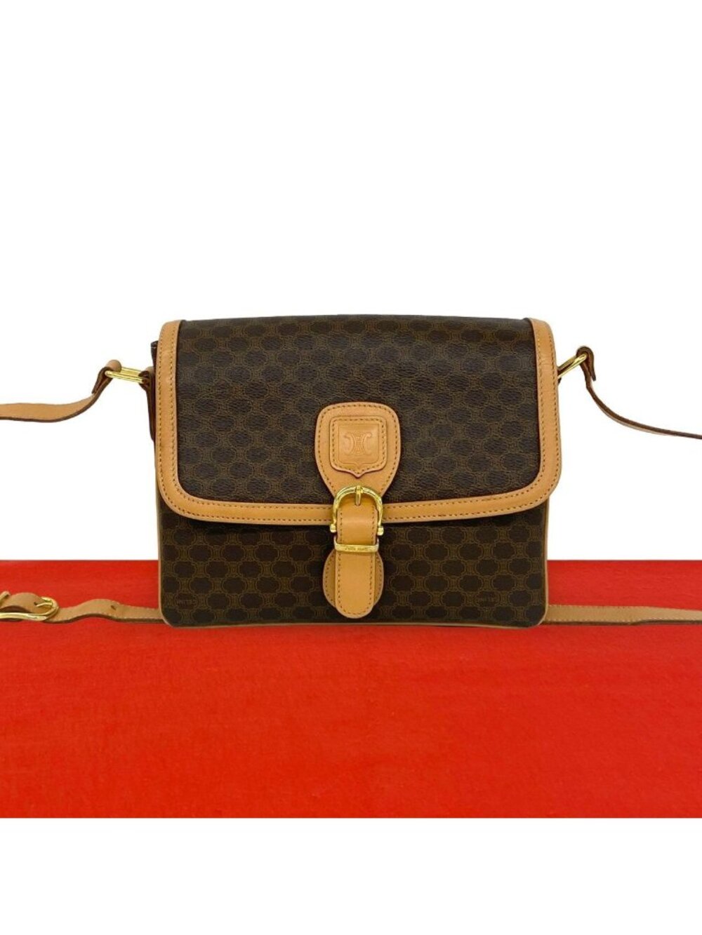 Celine Macadam Blason Pattern Triomphe Leather Shoulder Bag Cross Pochette Brown